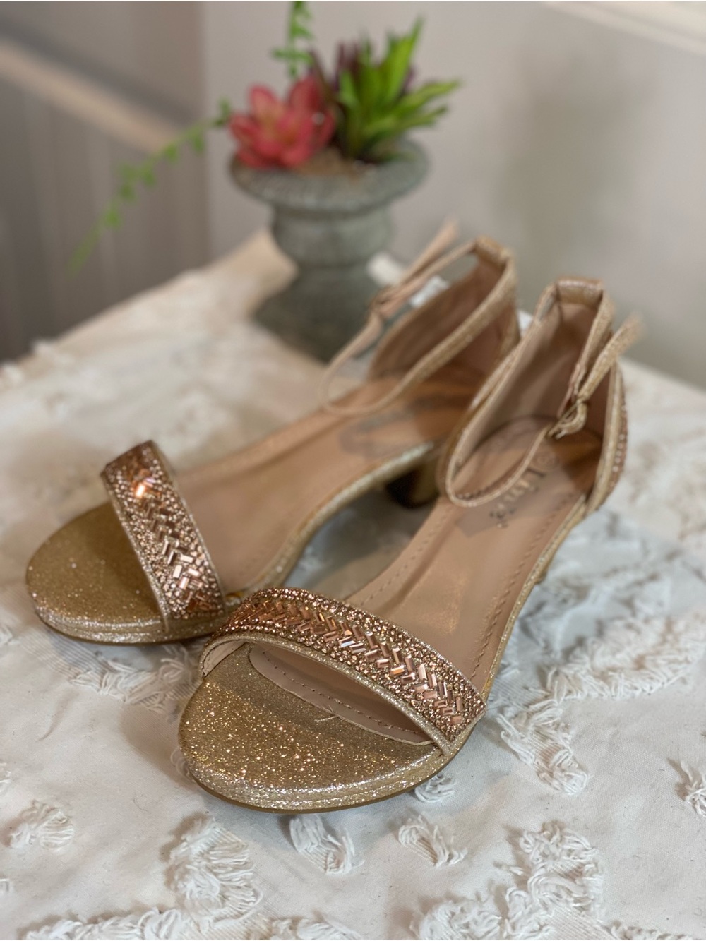 Forever Link Gold Glitter Beaded Ankle-Strap Sandals - Kids